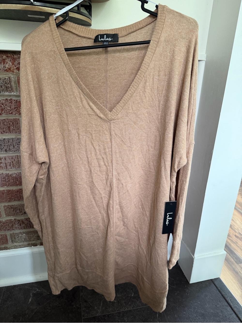 Lulu's Oversized V-Neck Sweater in Camel